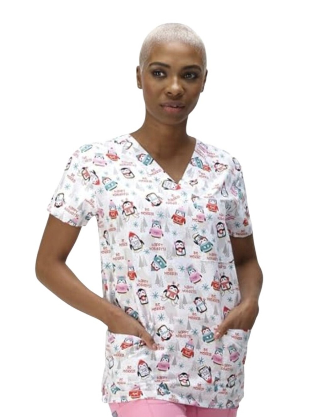 #K90 Women’s Holiday Penguin Print V-Neck Scrub Top - White